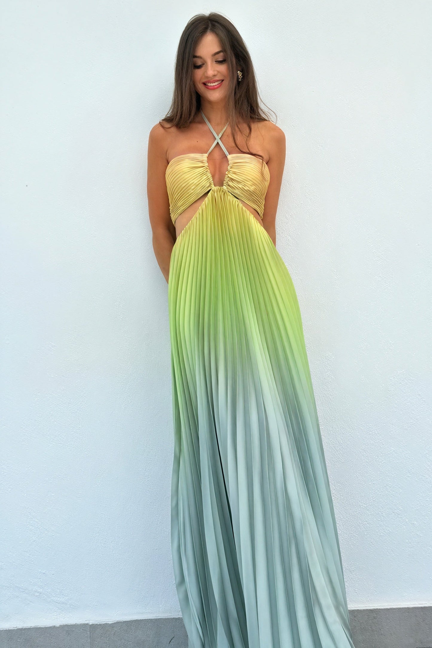 Ida | Pleated Long Dress – American Neckline and Elegance 