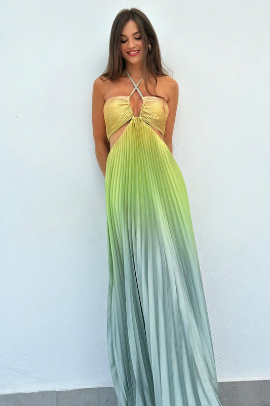 Ida | Rochie Lungă Plisată – Decolteu American și Eleganță 