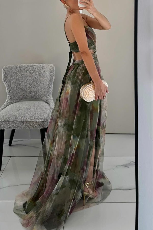 Florence | Elegant Lang Kjole Med Kunstnerisk Trykk 