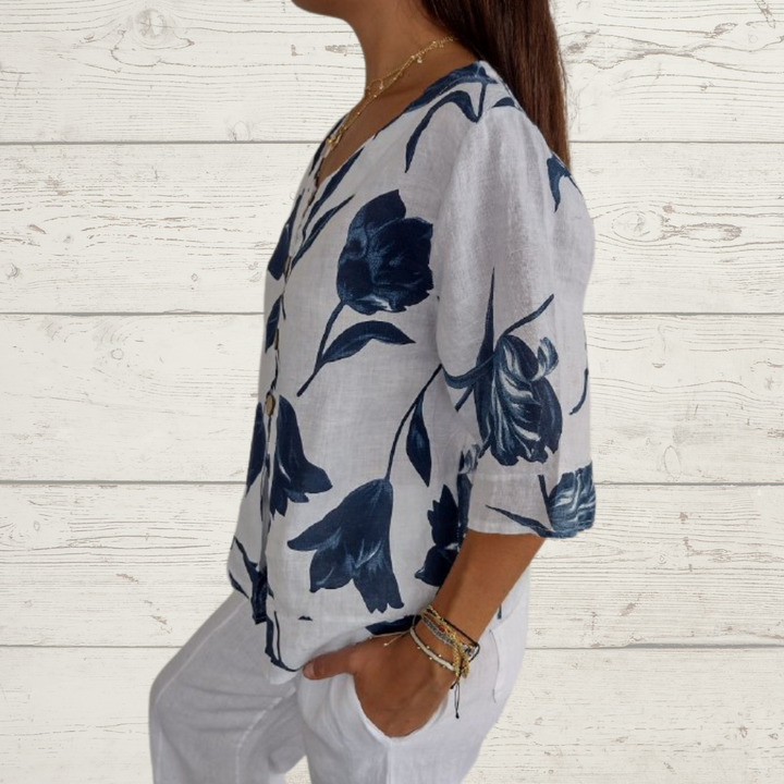 Jeanne | Elegant Blomstret Bluse – Sentral Knapping Og Korte Ermer 