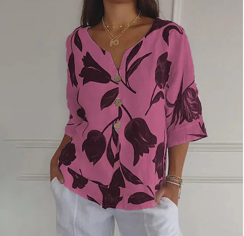 Jeanne | Elegant Blomstret Bluse – Sentral Knapping Og Korte Ermer 
