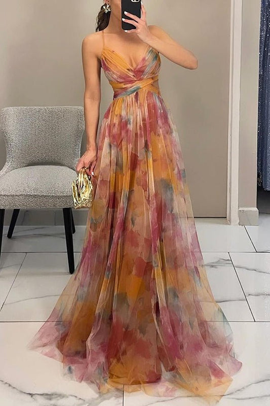 Florence | Elegant Lang Kjole Med Kunstnerisk Trykk 